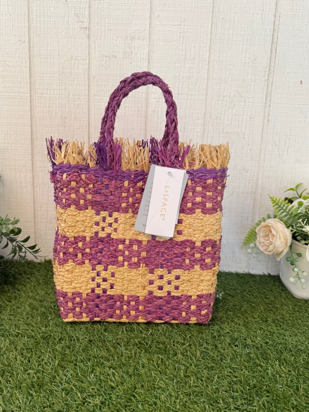 L Space - Charlie Bag - Berry Woven Straw Tote Bag in Purple and Natural New - Picture 4 of 10
